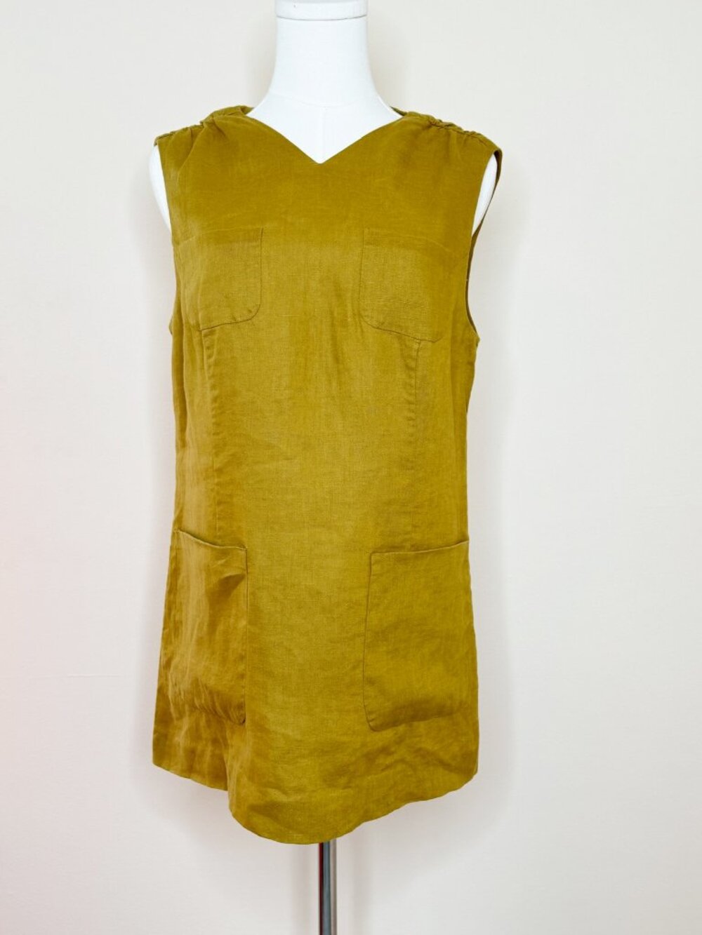 Doen Bennette Dress Golden Olive Linen Sleeveless Pocket Shift Dress Size M - Picture 3 of 14